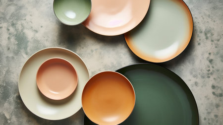 A group of plates sitting on top of a tableの素材