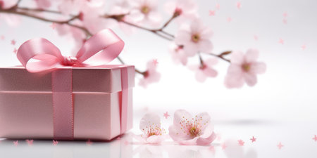 A pink gift box with a pink bow and pink flowers, spring, springtime background, Mothers day greeting card.の素材
