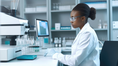 A woman in a lab coat working on a computer, an african tech, phd student or young scientist researcher.の素材