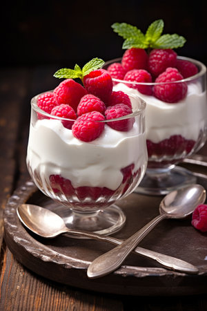 A couple of desserts with raspberries in them, Valentines day desserts.の素材