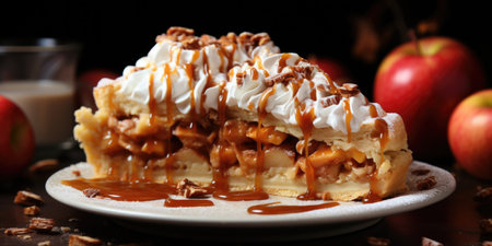 A slice of pie with caramel and pecans on a plateの素材
