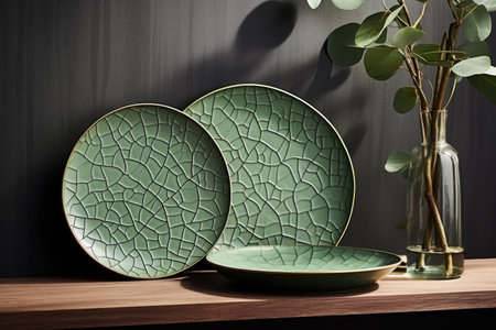 Two green plates sitting on a shelf next to a vaseの素材