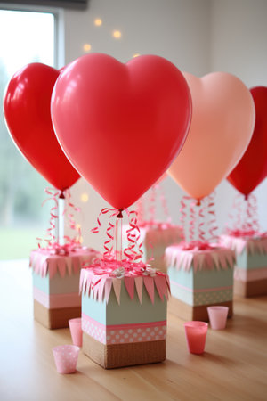 A group of red and pink heart shaped balloons, Valentines day gift boxes.の素材