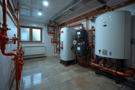 Historic boiler room with vintage heating system, detailed and realisticの素材