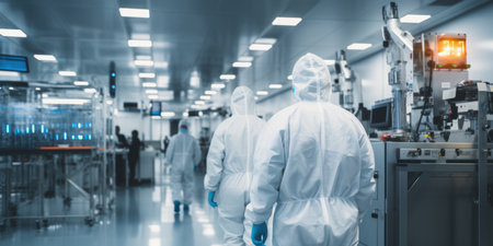 In a controlled clean room environment, scientists, masked and gloved, collaborate on biotechnological solutions with precisionの素材
