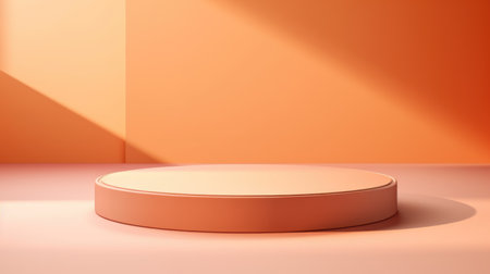 An empty white platform in a room with orange walls Circular podium with copy space for beauty product in trendy orange apricot crush color.の素材