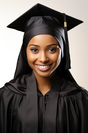 A woman wearing a graduation cap and gownの素材