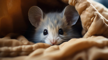 A small mouse is peeking out from under a blanket, rodent pest control concept pictureの素材