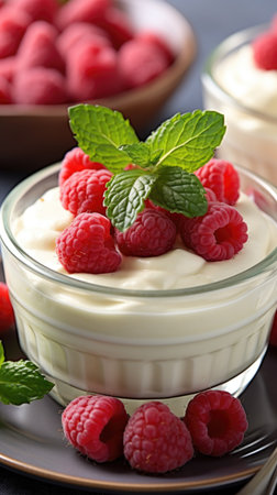 A bowl of yogurt topped with raspberries and mint leaves, Valentines day desserts.の素材