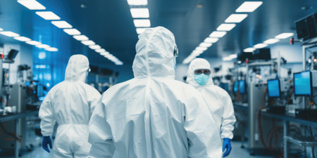 Dressed in sterile protective clothing, scientists working in a controlled clean room environment in biotech companyの素材