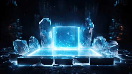 A stage with ice cubes and lights in a dark room. Empty blank podium or stage with copy-space.の素材
