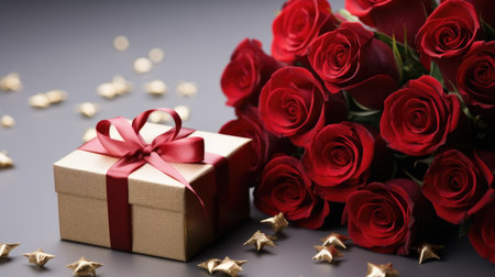 A bouquet of red roses and a gift box St Valentines day greeting card design.の素材
