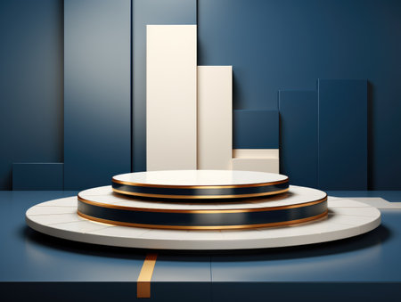 A white podium with a gold stripe on a blue backgroundの素材