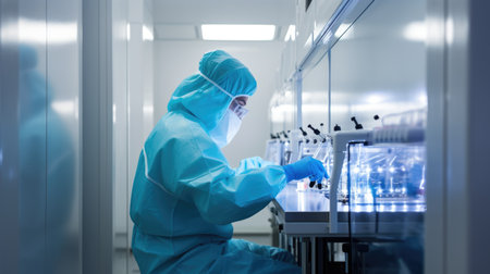 Scientists, garbed in protective gear, navigate a clean room environment, working in a biotech lab for future cures.の素材