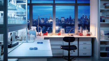 A laboratory with a view of the city. Research laboratory interior with equipment, work benches and shelvesの素材