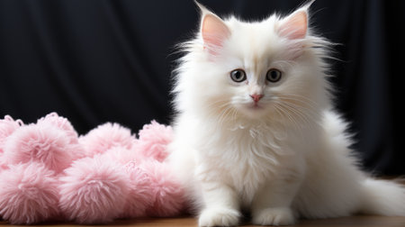 A white cat sitting next to a pink stuffed animalの素材