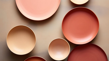 A group of different colored plates on a tableの素材