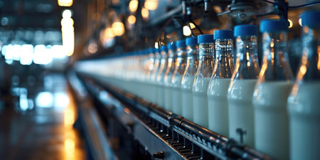 A line of bottles filled with milk on a conveyor beltの素材