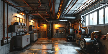 Historic boiler room with vintage heating system, detailed and realisticの素材