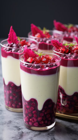 A close up of four glasses of food on a table, Valentines day desserts.の素材