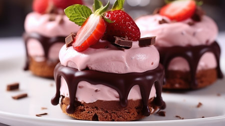 A close up of a plate of desserts with strawberries on top, Valentines day desserts.の素材
