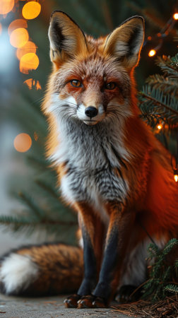 A red fox sitting next to a christmas tree, Christmas or wintertime pictureの素材
