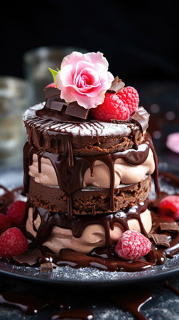 A chocolate cake with raspberries and chocolate sauce, Valentines day desserts.の素材