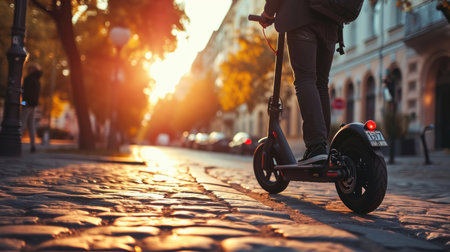 A person riding a scooter on a cobblestone streetの素材