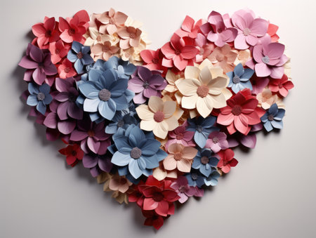 A heart made out of paper flowers on a white surface, St Valentines day, birthday, anniversary greeting card designの素材