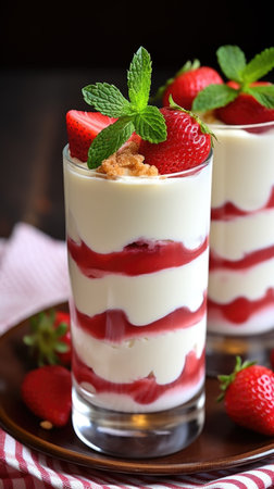 Two glasses of dessert with strawberries on a plate, Valentines day desserts.の素材