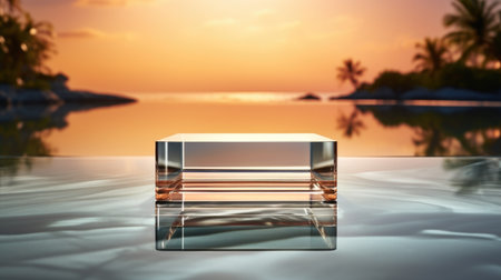 A glass block sitting on top of a body of waterの素材