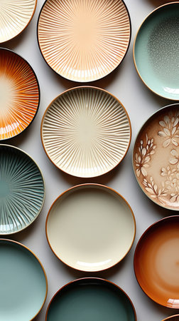 A collection of colorful plates on a white surfaceの素材
