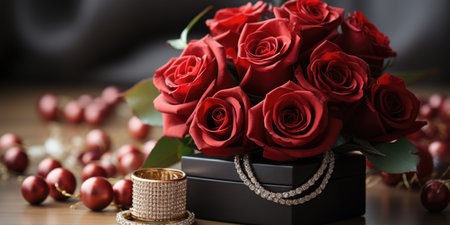 A bunch of red roses in a black box St Valentines day greeting card design.の素材