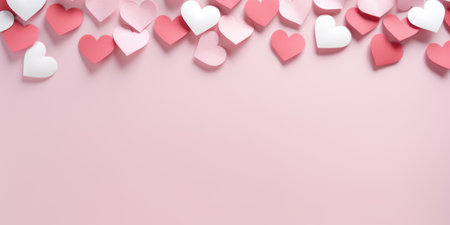 A bunch of paper hearts on a pink background Valentines day background with copy-spaceの素材