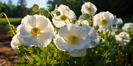 A bunch of white poppy flowers in a fieldの素材