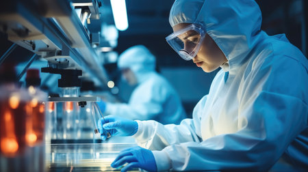 Clad in protective gear, scientists operate in a pristine clean room environment in a modern biotech companyの素材