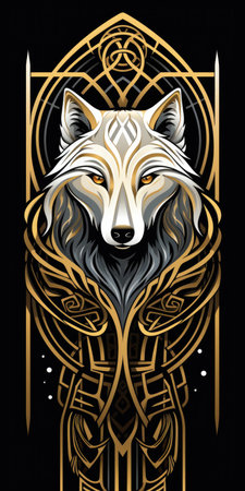 A white and gold wolf with a black background, flat illustration, celtic style.の素材