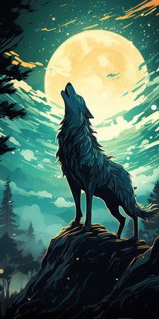 A wolf standing on top of a rock under a full moonの素材