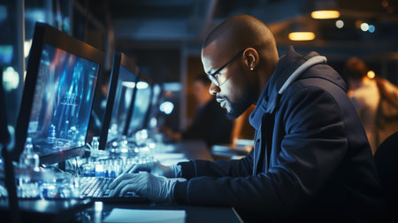 A man sitting in front of a computer monitor, an african scientist, graduate student, working in research lab, laboratory techの素材