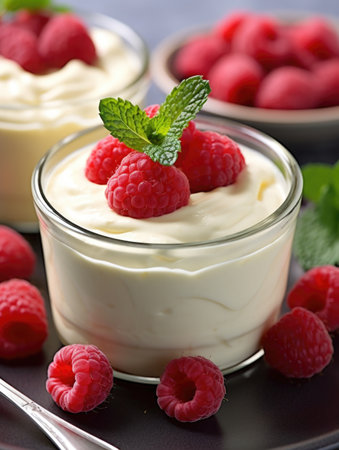 A couple of bowls of food with raspberries on top, Valentines day desserts.の素材
