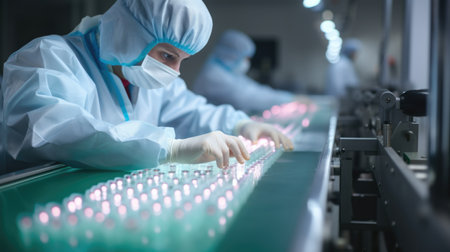 Draped in protective coveralls, a worker oversees a conveyor belt with medications in a clean roomの素材