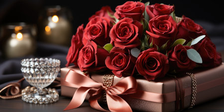 A bouquet of red roses in a gift box St Valentines day greeting card design.の素材