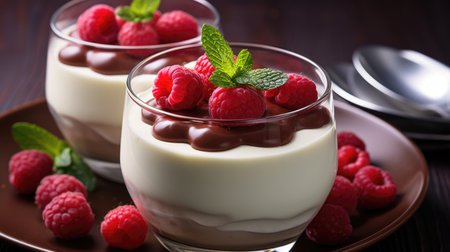 Two desserts with chocolate and raspberries on a plate, Valentines day desserts.の素材