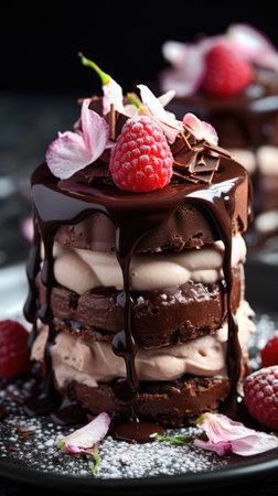 A piece of chocolate cake with raspberries on top, Valentines day desserts.の素材