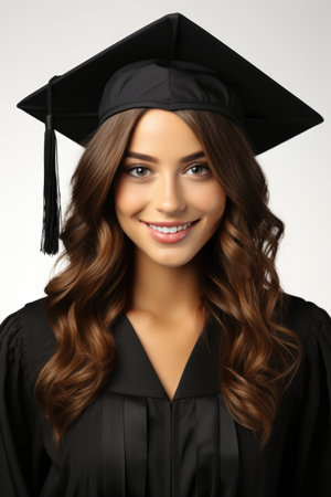 A woman wearing a graduation cap and gownの素材