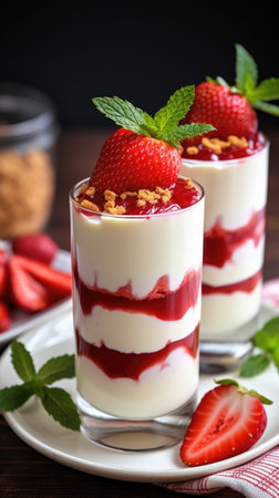 Two glasses of dessert with strawberries on a plate, Valentines day desserts.の素材