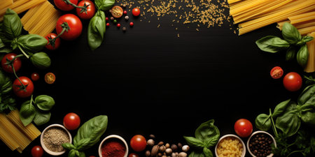 A black table topped with various pasta, tomatoes, basil and spices, copy-space.の素材