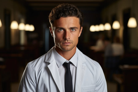A man in a lab coat and tie posing for a pictureの素材