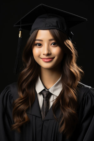 A woman wearing a graduation cap and gownの素材