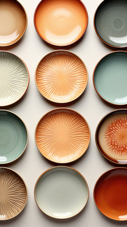 A collection of colorful plates on a white surfaceの素材